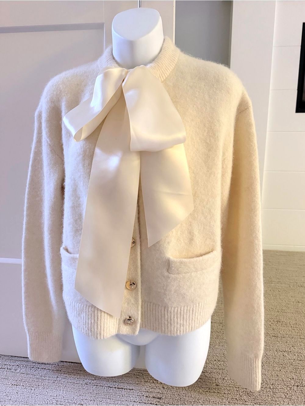 ANINE BING Gorgeous Ivory Alpaca Satin Bow Cardigan Sweater S/M NWT $500 - RARE!